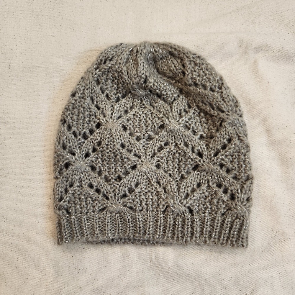 World Market Gray Metallic Knit Beanie Slouchy HatShimmer Winter Open Lattice